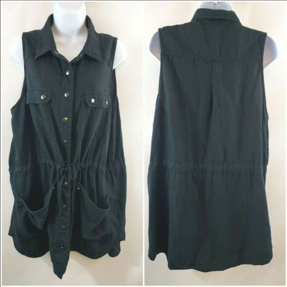 Free People Black Too Far Sleeveless Tunic Snap Front Cinched Waist Top Shirt XS - Picture 3 of 9